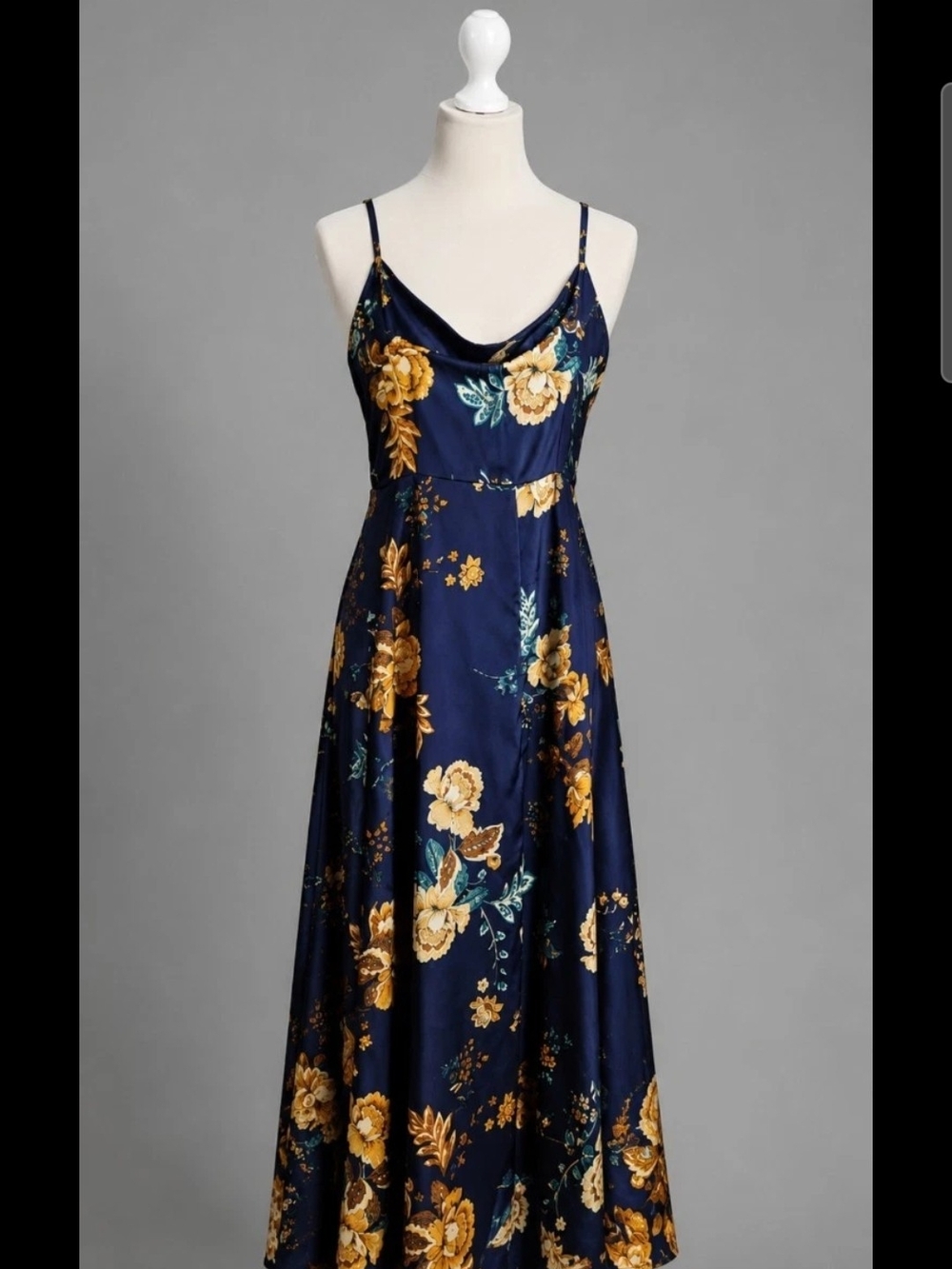 Navy Floral Slip Maxi Dress with Gold Accents